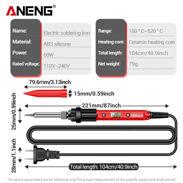 Паяльник ANENG SL105 (60W) с LCD-дисплеем и регулировкой температуры 180–520°C - Image 5